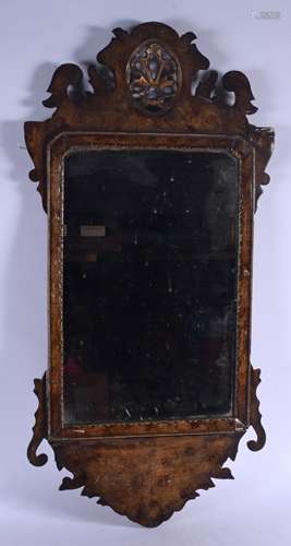 AN 18TH CENTURY ENGLISH CARVED WALNUT MIRROR with acanthus capped central terminal. 80 cm x 40 cm.