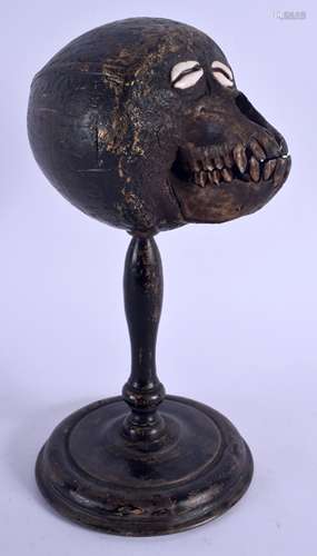 A 19TH CENTURY DAYAK COFFEE BEAN SHELL INLAID COCONUT MONKEY SKULL upon a wooden plinth. 26 cm high.