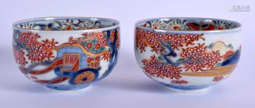 A PAIR OF 18TH CENTURY JAPANESE EDO PERIOD IMARI BOWLS painted with foliage and landscapes. 8.25 cm