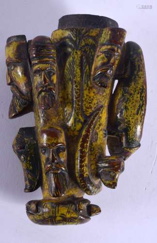 A VERY UNUSUAL 19TH CENTURY CONTINENTAL CARVED PAINTED COCONUT PIPE decorated with mask heads, fish