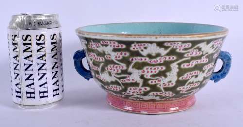 A 19TH CENTURY CHINESE TWIN HANDLED PORCELAIN BOWL Daoguang mark and period, painted with bats among