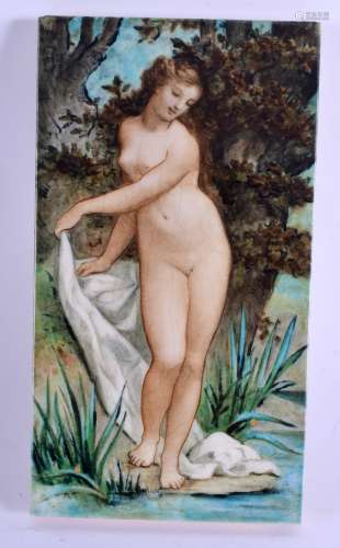 AN EXTREMELY RARE 19TH CENTURY ART NOUVEAU FRENCH POTTERY TILE by Theodore Deck, painted with a nymp