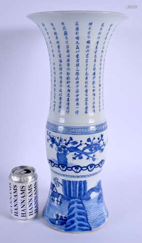 A LARGE CHINESE BLUE AND WHITE PORCELAIN GU SHAPED BEAKER VASE 20th Century, painted with birds, tre
