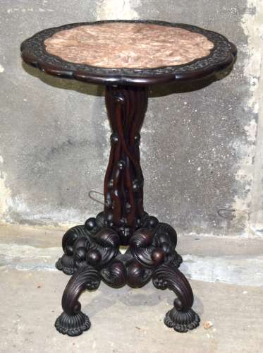 A RARE 19TH CENTURY CHINESE CARVED ROOT WOOD HONGMU TABLE Qing, with scalloped marble top and unusua