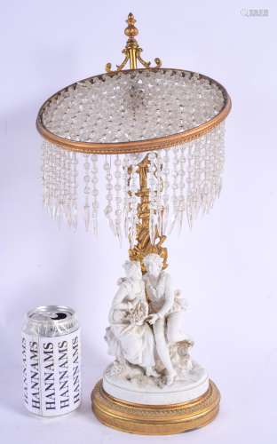 AN EARLY 20TH CENTURY EUROPEAN PARIAN WARE BISQUE PORCELAIN LAMP modelled as lovers. 45 cm high.