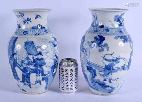 A LARGE PAIR OF 19TH CENTURY CHINESE BLUE AND WHITE PORCELAIN VASES Qing, bearing Kangxi marks to ba