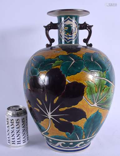 A LARGE JAPANESE TAISHO PERIOD AO KUTANI PORCELAIN VASE painted with bold leaves and foliage 39 cm x