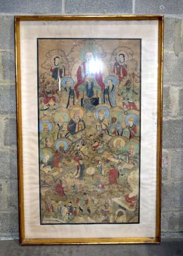 A LARGE 18TH/19TH CENTURY CHINESE WATERCOLOUR INK WORK PANEL Qianlong/Jiaqing, painted with figures