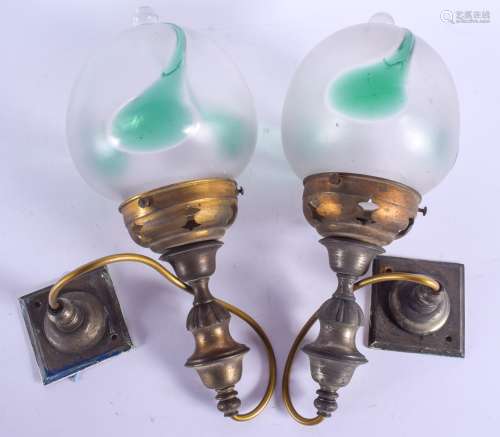 A PAIR OF ART NOUVEAU STYLE BRASS AND TWO TONE GLASS PENDANT LAMPS. 30 cm x 13 cm inc top fitting.