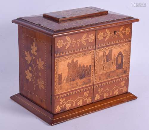 A LOVELY 19TH CENTURY IRISH KILLARNEY GENTLEMAN'S DESK CABINET inlaid with foliage and buildings, de