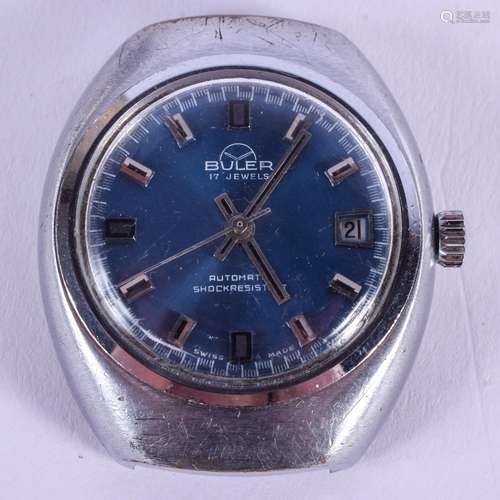 A VINTAGE BULER BLUE DIAL AUTOMATIC WATCH. 3.25 cm wide.