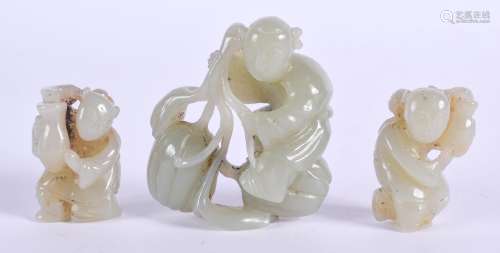 A VERY RARE SET OF THREE 19TH CENTURY CHINESE CARVED GREEN JADE FIGURES Qing, the two boys modelled