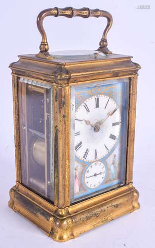 A 19TH CENTURY FRENCH SEVRES PORCELAIN INSET REPEATING CARRIAGE CLOCK painted with opposing figures