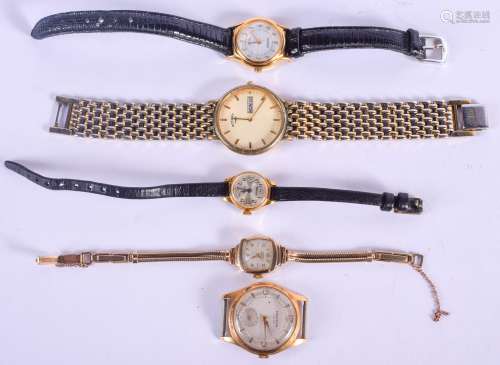 A VINTAGE 9CT GOLD WATCH on a 9ct gold strap, together with four others. Gold watch 18 grams overall