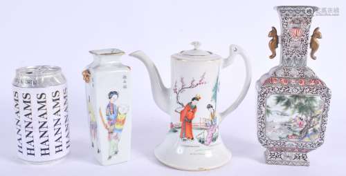 A CHINESE REPUBLICAN PERIOD FAMILLE ROSE TEAPOT together with two other Republican period vases. Lar