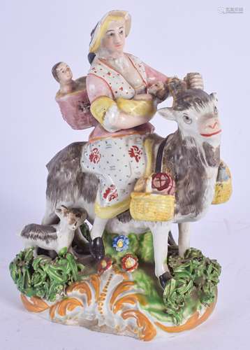 A LATE 18TH CENTURY ENGLISH PEARLWARE TYPE FIGURE OF A FEMALE modelled riding with three babies upon