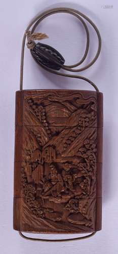 A RARE 19TH CENTURY JAPANESE MEIJI PERIOD CARVED BAMBOO FOUR SECTION INRO decorated with scholars sa