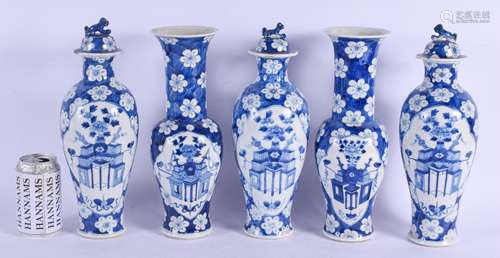 A GOOD LARGE 19TH CENTURY CHINESE BLUE AND WHITE PORCELAIN GARNITURE bearing Kangxi marks to base, p