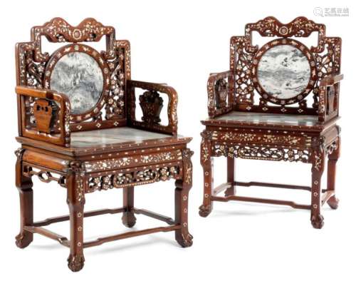 A PAIR OF CHINESE HARDWOOD THRONE ARMCHAIRS LATE 1…