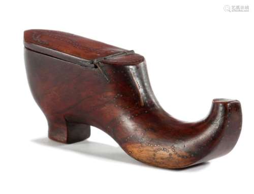 A TREEN SNUFF SHOE EARLY 19TH CENTURY with brass t…