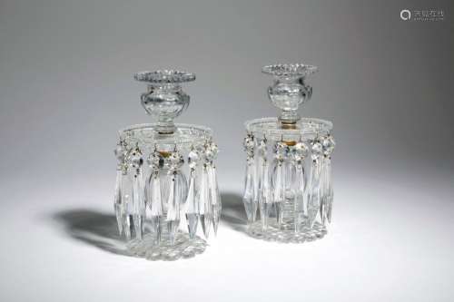 A PAIR OF CUT GLASS LUSTRE CANDLESTICKS C.1820 30 …