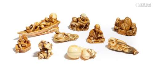 Λ A COLLECTION OF NINE JAPANESE IVORY NETSUKE EDO …