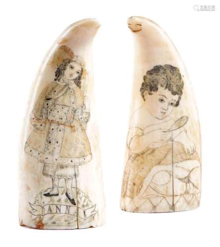 TWO SAILOR'S SCRIMSHAW WHALE'S TEETH 19TH CENTURY …