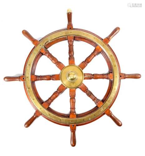 A TEAK BRASS MOUNTED SHIP'S WHEEL 19TH CENTURY wit…