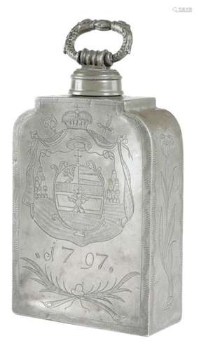 A DUTCH PEWTER COMMEMORATIVE FLASK DATED '1797' th…