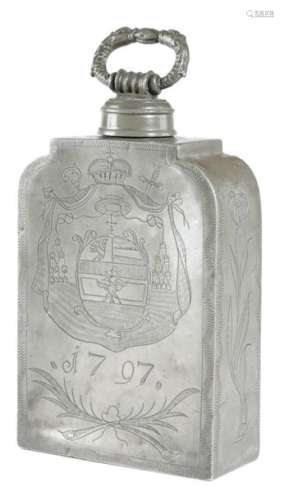 A DUTCH PEWTER COMMEMORATIVE FLASK DATED '1797' th…