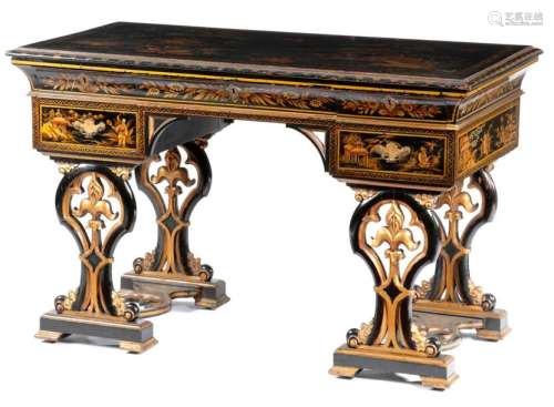 A BLACK JAPANNED WRITING TABLE IN REGENCY STYLE, S…