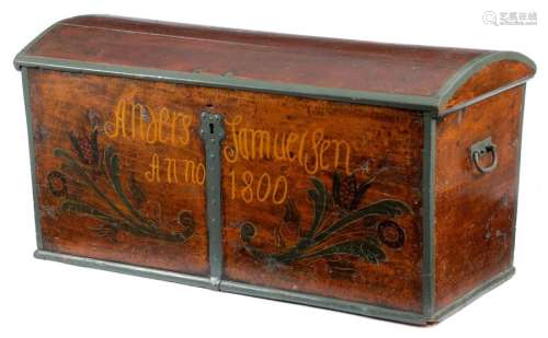 A NORWEGIAN PAINTED WOOD AND METAL SEAMAN'S CHEST …
