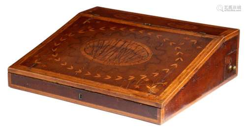A GEORGE III HAREWOOD AND MARQUETRY WRITING SLOPE …