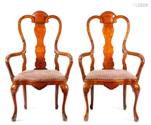 A PAIR OF DUTCH WALNUT AND MARQUETRY OPEN ARMCHAIR…