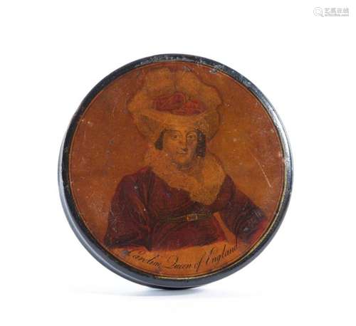 A LACQUERED PAPIER MACHE QUEEN CAROLINE SNUFF BOX …