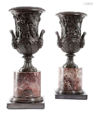 A PAIR OF ITALIAN BRONZE GRAND TOUR CAMPANA URNS I…