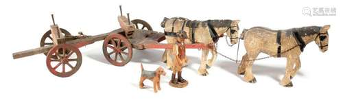 A CARVED AND PAINTED WOOD HORSE AND CART GROUP ATT…