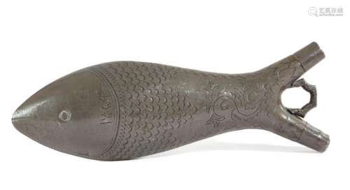A PEWTER POWDER FLASK IN THE FORM OF A FISH 19TH C…