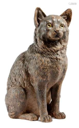 A LARGE PAINTED TERRACOTTA MODEL OF A CAT PROBABLY…