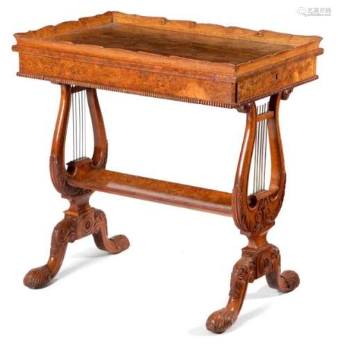 A GEORGE IV BURR OAK WORK TABLE ATTRIBUTED TO GILL…