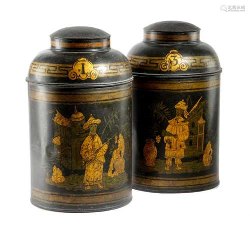 A PAIR OF BLACK JAPANNED TOLE TEA CANISTERS C.1870…