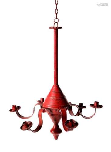 A FOLK ART RED PAINTED TOLE CHANDELIER POSSIBLY FR…