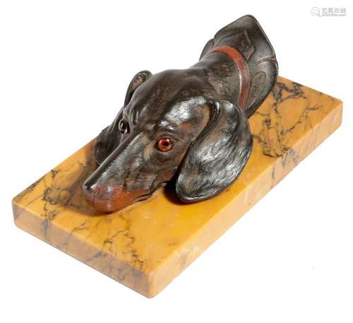 A FRENCH COLD PAINTED METAL DOG'S HEAD DESK PAPERC…