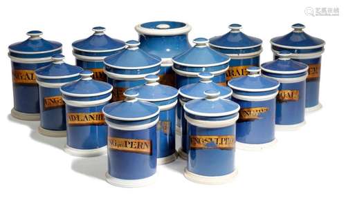 A COLLECTION OF BLUE GLAZED APOTHECARY JARS LATE 1…