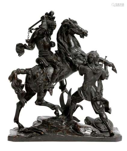 A FRENCH BRONZE MEDIEVAL REVIVAL EQUESTRIAN GROUP …