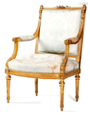 A FRENCH GILTWOOD FAUTEUIL IN LOUIS XVI STYLE SECO…