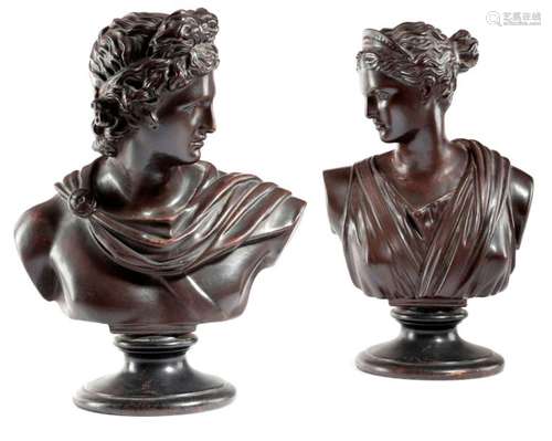 AFTER THE ANTIQUE. A PAIR OF BRONZED TERRACOTTA GR…