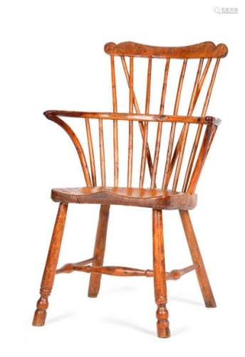 A GEORGE III YEW, ELM AND ASH WINDSOR ARMCHAIR OF …