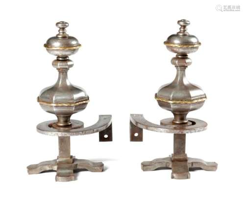 A PAIR OF STEEL ANDIRONS IN 17TH CENTURY STYLE wit…
