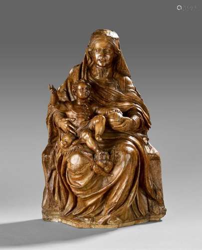 Vierge à l'Enfant assise en noyer sculpté en ronde…